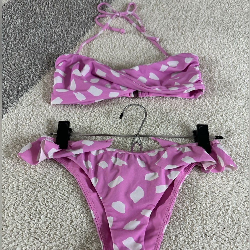 LoveWave Bikini Womens Sz‎ Small Polka Dot Pink White front Twist Top Ruffle New